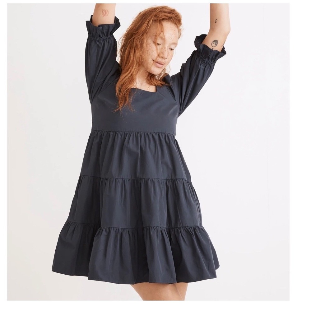 Madewell Poplin Babydoll Dress Tiered Square Neck Long Sleeve Mini Size 2